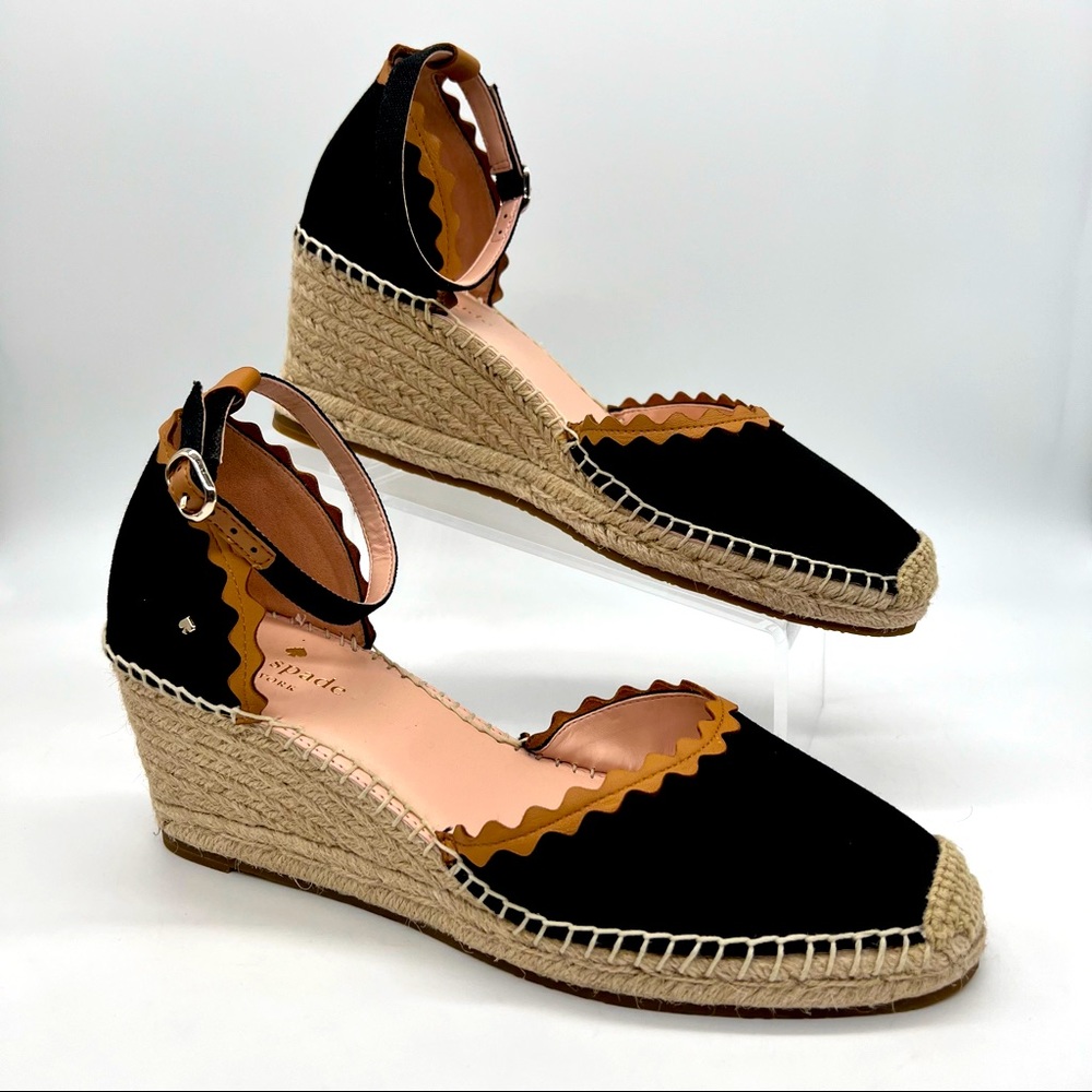 Kate Spade Espadrille Wedge Sandals Black Tan Ankle Strap Size 9